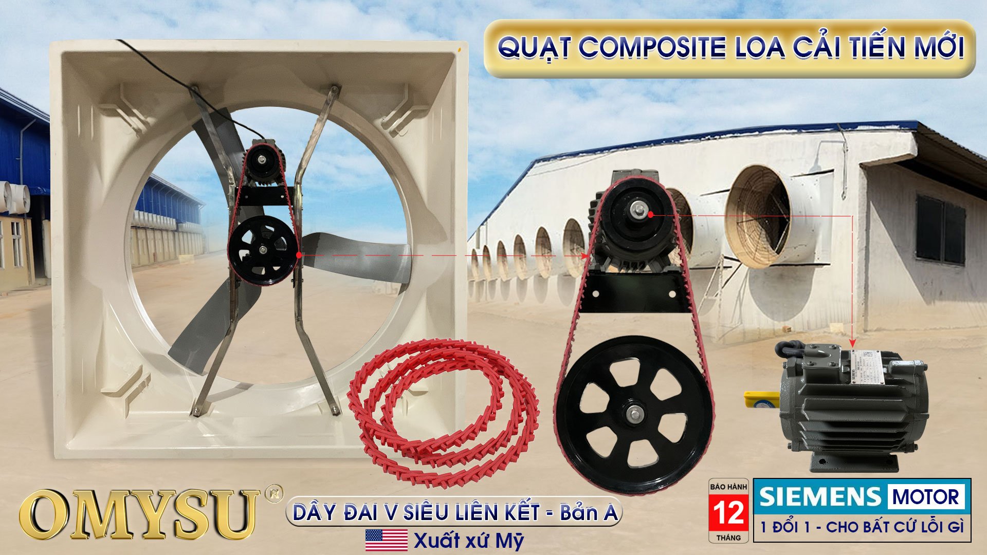 Chi tiết quạt composite 3 cánh nhôm đúc dây curoa mắt xích